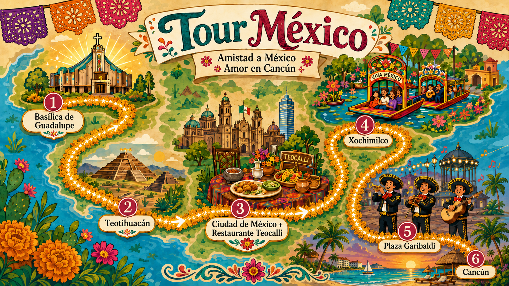 Mapa ilustrado del recorrido: Basílica de Guadalupe, Teotihuacán, Ciudad de México, Xochimilco, Plaza Garibaldi y Cancún